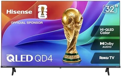 The Hisense 32-inch QD4SR Hi-QLED Roku TV on a bedroom dresser