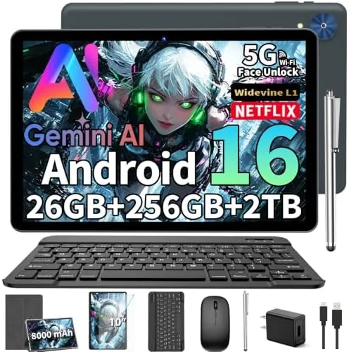 2026 Android 16 Tablet with Keyboard, Gemini AI 10 Inch Tablet, Silver Case | Review: Tested and Rated