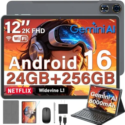 Overview of the 2026 12 Inch Android 16 Tablet with Keyboard, 24GB+256GB+2TB Expand(Silver)