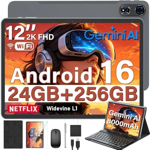 Overview of the 2026 12 Inch Android 16 Tablet with Keyboard, 24GB+256GB+2TB Expand
