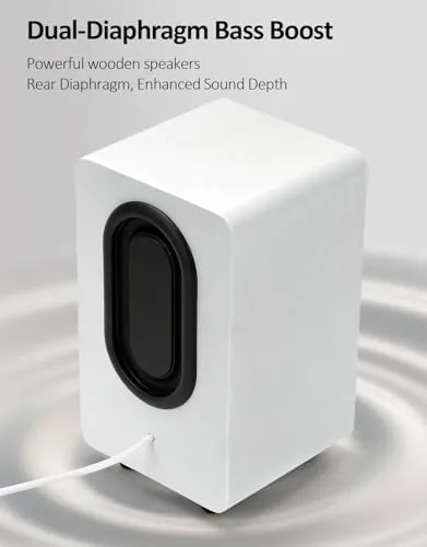 Close look at the White Computer Speakers, White Wooden Desktop Speakers with Dual Diaphragms,12W build quality