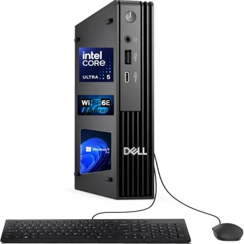The Dell Pro Micro Desktop sitting next to a keyboard and mouse