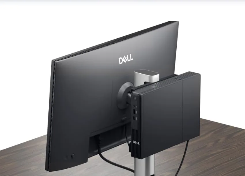 Close up of the Dell Pro Micro front panel with power button and USB ports