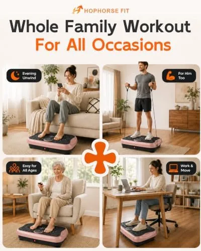 A person standing on the vibration plate in a balanced stance