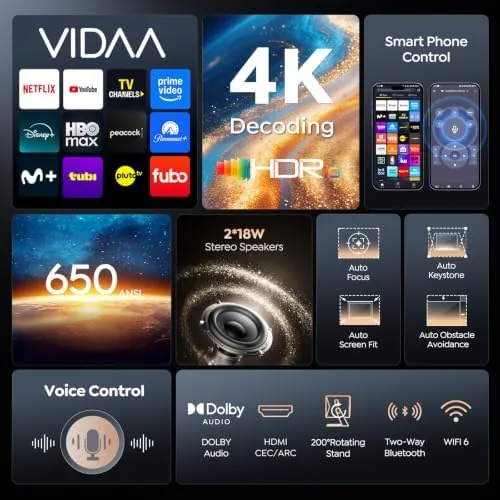 The VIDAA home screen showing streaming app tiles on the projector display