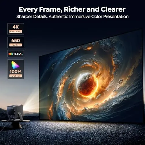 A family movie night scene with the projector and speakers in a living room