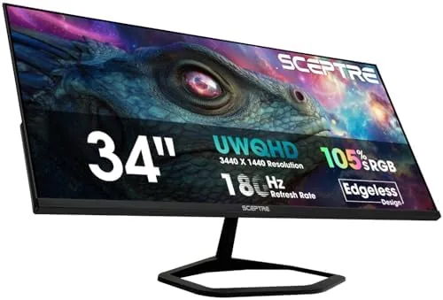 The Sceptre 34 inch Prime gaming monitor on a desk with a game on screen
