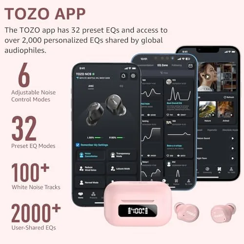The TOZO NC9 Hybrid Active Noise Cancelling Wireless Earbuds, 60H, LED compared in context