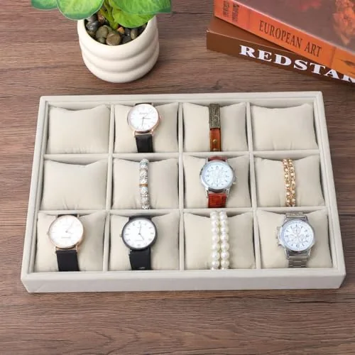 Another view of the 2 Pack 12 Grid Velvet Watch Tray Organizer with Removable
