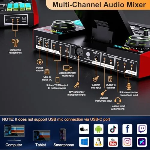 Another view of the podcast equipment bundle, live sound card, streaming audio mixer, Podcast