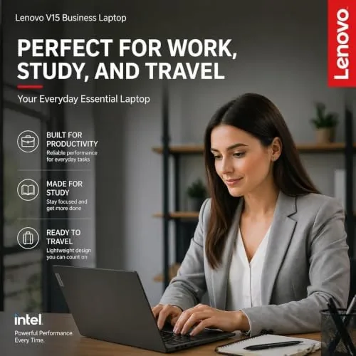 The Lenovo laptop in a tidy home office setup with a notebook and coffee