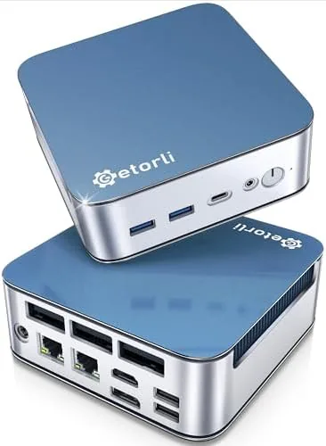 Getorli Mini PC on a desk beside a monitor showing its <a href=