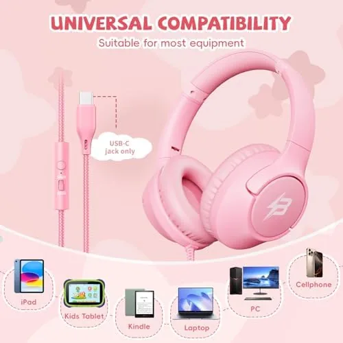 Detail shot of the USB C Headphones Wired for Kids, 85/94dB Volume Limit With features