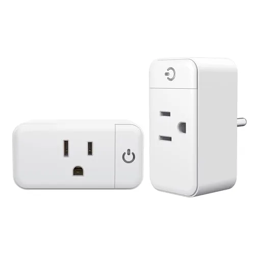 Two 15A smart plugs plugged into a wall outlet side by side