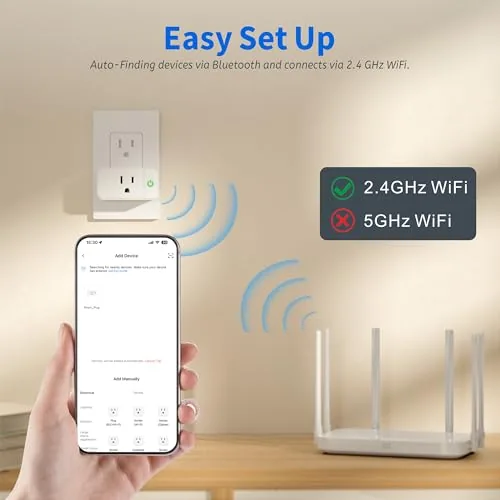 Close up of a 15A smart plug showing the power button and status light