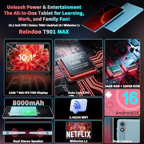 Detail shot of the Android 16 Tablet with Keyboard, 10 inch Tablet with 24GB+256GB+2TB features