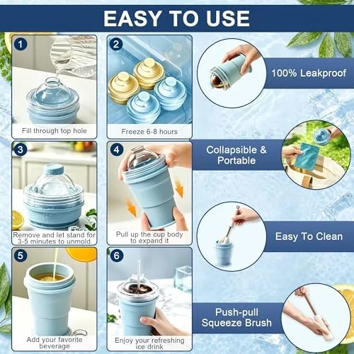 The collapsible cup compared beside a rigid ice ball tray and steel cubes