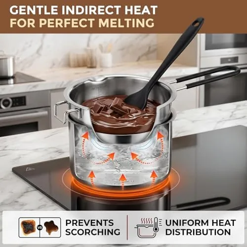 The stainless double boiler set compared beside a glass bain marie and a microwave bowl