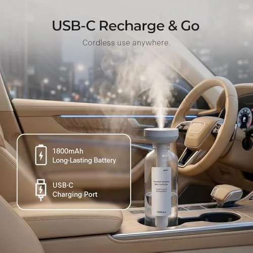 The HubiCare Mini Humidifier, Portable Wireless Table Humidifier, USB-C Rechargeable Personal in real use