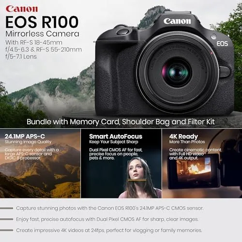 Detail shot of the Canon EOS R100 Mirrorless Camera with RF-S 18-45mm & 55-210mm features