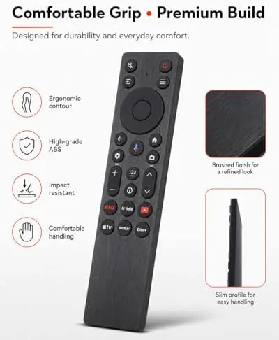 Detail shot of the Voice Remote for TCL Google TVs QM5K/QM6K/QM7K/Q77K | For G0401-000267 features