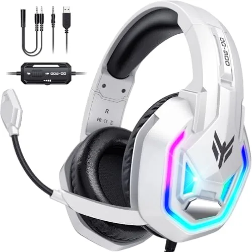 The gaming headset with RGB lighting glowing on a desk beside an Xbox controller