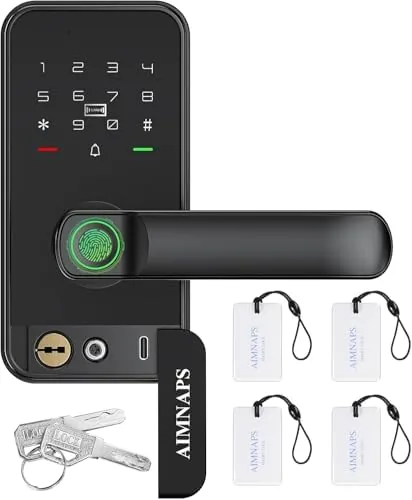 The keyless entry door lock with handle mounted on a front door