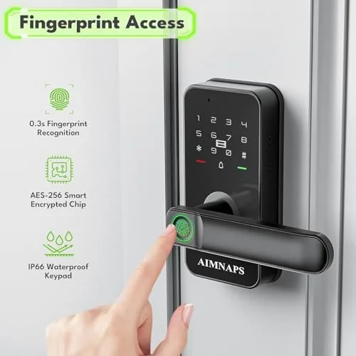 Close up of the keypad and fingerprint sensor on the exterior handle