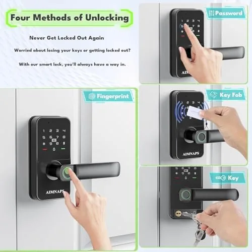 A finger touching the fingerprint sensor on the door lock