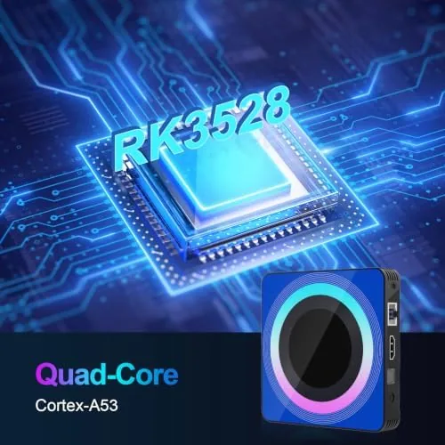 Detail shot of the 2026 Android 13.0 TV Box,4GB RAM 128GB ROM with RK3528 features