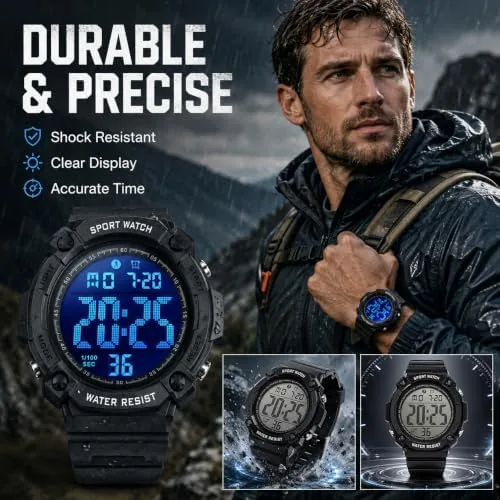 Close look at the Black Digital Sports Watches for Men, Waterproof, Minimalist Large Face build quality