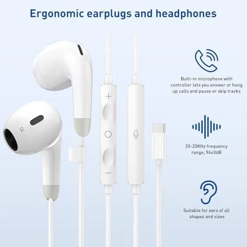 Close look at the USB C Headphones, 2 Pack Wired Earbuds, Type C Headphones build quality