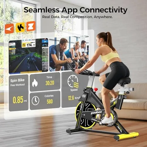 Rider using the exercise bike with a tablet mounted showing a fitness course