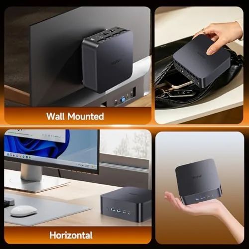 The mini PC mounted vertically next to a monitor in a tidy setup