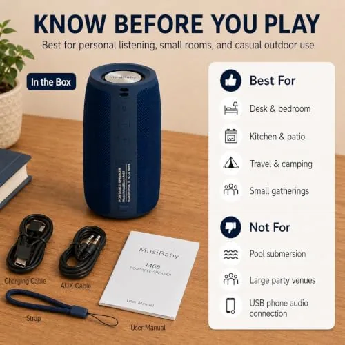 The Musibaby M68 Bluetooth Speaker, 12W, IPX5, 24H Playtime, Dark Blue compared in context