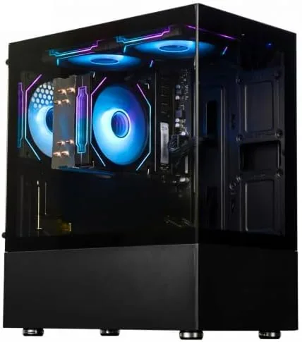 Interior view of the tower showing the cooler, RAM, SSD, and power supply layout