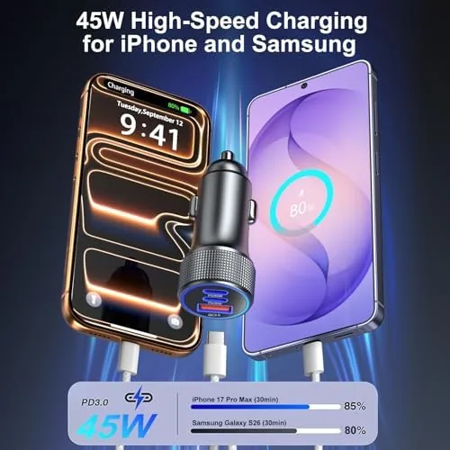Detail shot of the 93W 3-Port PD USB C Fast Car Charger Cigarette Lighter features