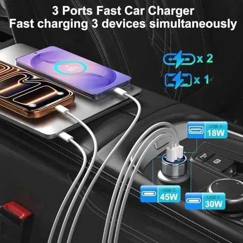 The 93W 3-Port PD USB C Fast Car Charger Cigarette Lighter in real use