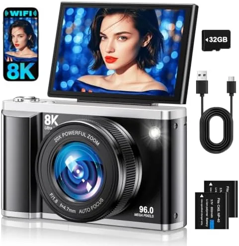 The 8K digital camera with its 3.5 inch flip screen open on a desk
