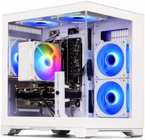 The white gaming PC tower on a desk with RGB lit components through the side panel