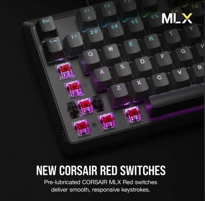 Hands gaming on the K70 CORE with RGB lighting reflecting on the keys