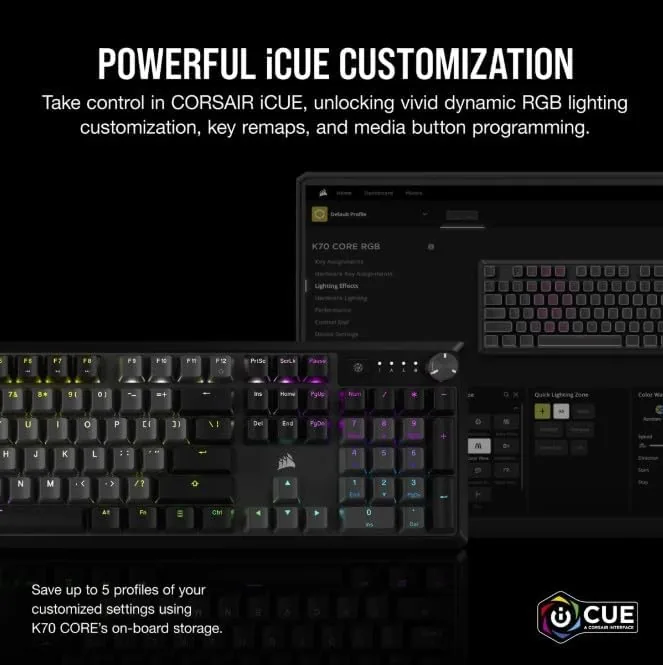 Software view showing key remapping and RGB customization for the K70 CORE