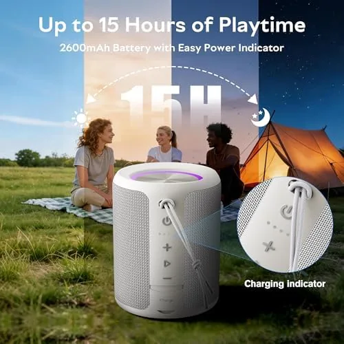 The gray speaker with the RGB light ring cycling colors