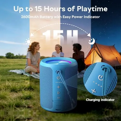 The cerulean speaker with its beat synced RGB light ring glowing