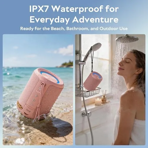 The pink speaker in a bucket of water during the submersion test