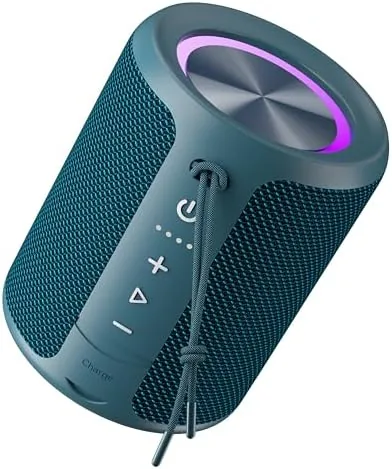 The blue portable Bluetooth speaker on a dock by the water