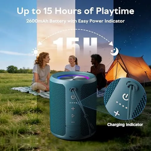 The blue speaker with its RGB light ring cycling colors at dusk