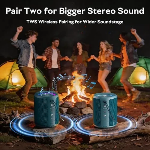 The blue speaker playing on a dock with water splashes nearby