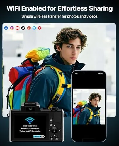The camera next to a smartphone and a mirrorless camera for comparison