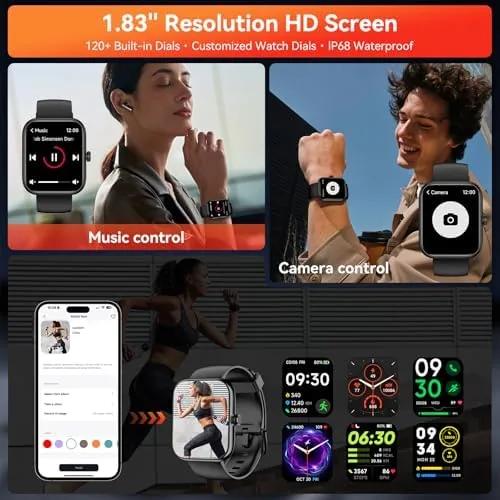 The watch charging on its magnetic cradle with the app open on a phone